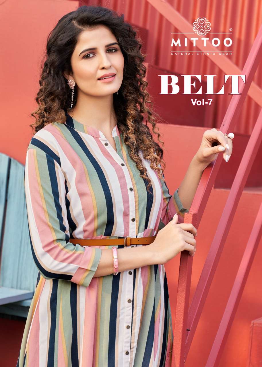 MITTOO BELT VOL. 7 RAYON PRINTED KURTI WITH BELT BY MITTOO BRAND WHOLESALER AND DEALER