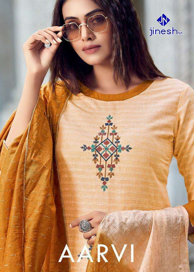 AARVI VOL 1 HANDWRK COTTON KURTI WITH PANT & CHANDERI DUPATTA BY JINESH NX BRAND WHOLESALER AND DEAL...