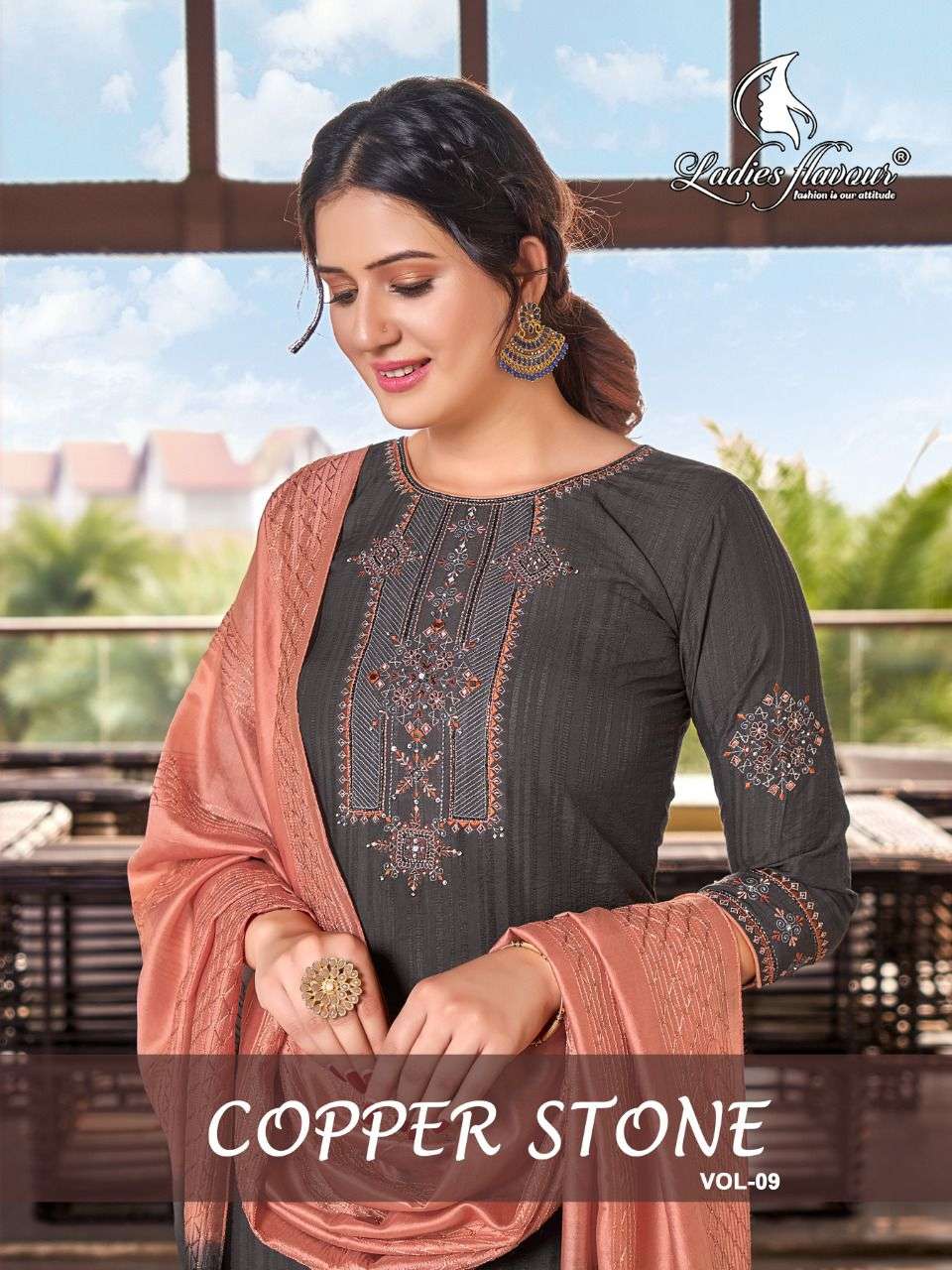  COPPER STONE VOL 9 EMBROIDERY WORK KURTI WITH  COTTON PANT & PURE NAYLON VISCOSE DUPATTA BY LADIES ...