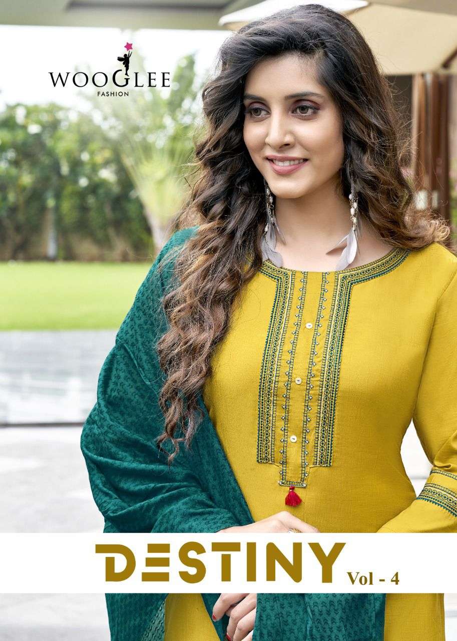 DESTINY VOL-4 CHINON KURTI PANT DUPATTA BY WOOGLEE BRAND WHOLESALE AND DEALER