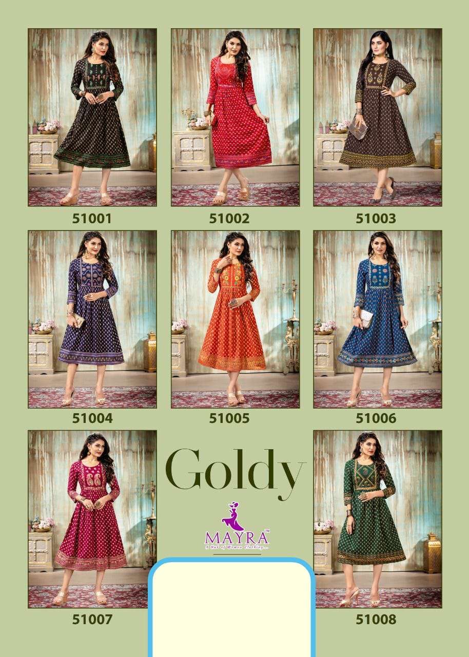 GOLDY RAYON GOLD PRINT KURTI BY MAYRA BRAND WHOLESALER AND DEALER