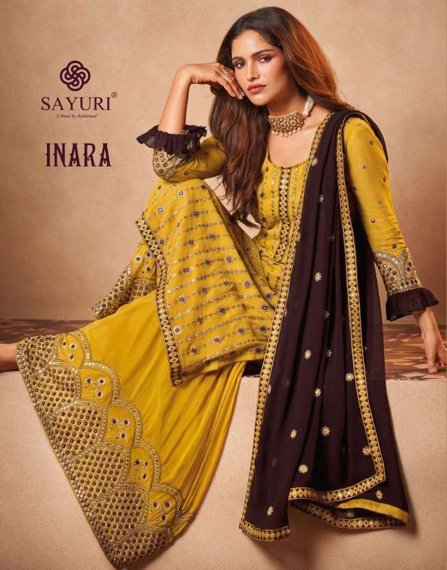 INARA REAL GEORGETTE  WITH DULL SANTOON INNER KURTI WITH BOTTOM SHARARA AND DUPATTA BY SAYURI DESIGN...