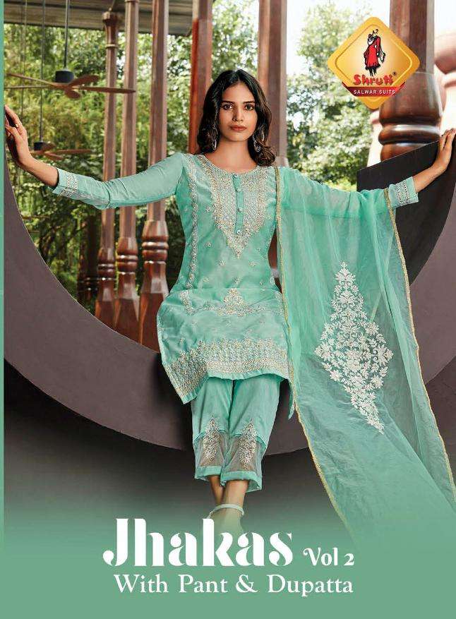 JHAKAS VOL 2 DESIGNER EMBROIDERY KURTI WITH CHANDERI PANT & EMBROIDERY WITH TASSELS DUPATTA BY SHRUT...