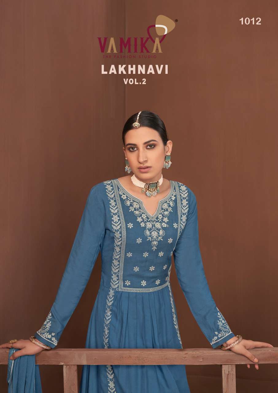 LAKHNAWI VOL.2 - RAYON LAKHNAWI KURTI WITH BOTTOM PANT/PLAAZ AND DUPATTA BY VAMIKA WHOLESALER AND DE...