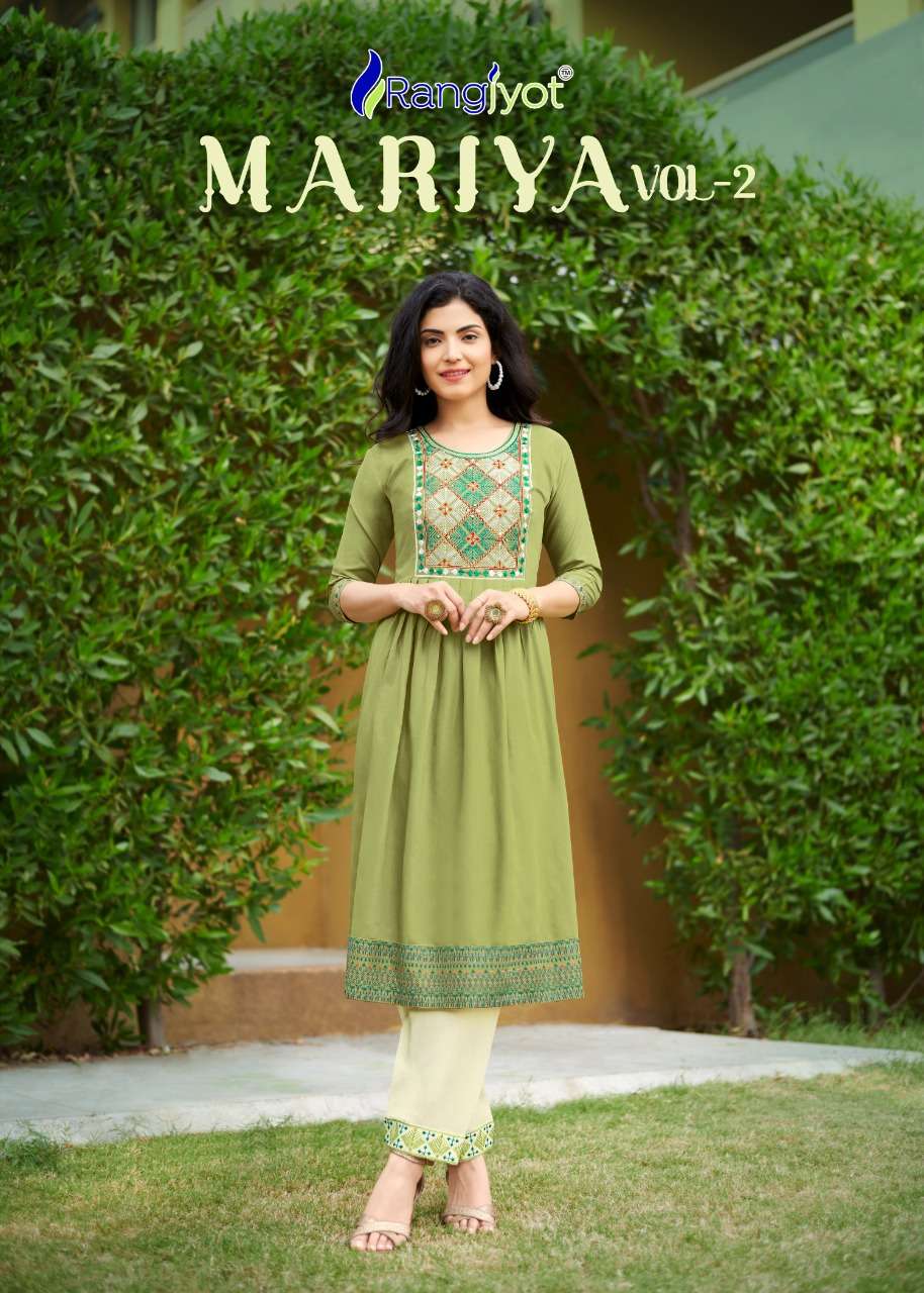 MARIA VOL 2 RAYON MULTIHEAD EMBROIDERY AND HANDWORK KURTI WITH PANT BY RANGJYOT BRAND WHOLESALER AND...