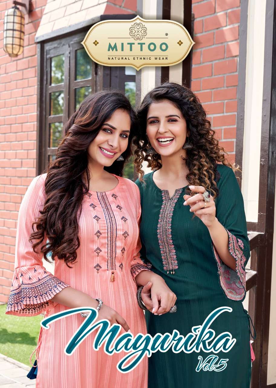 MAYURIKA VOL-5 EMBROIDERY AND HANDWORK RAYON KURTI BY MITTOO BRAND WHOLESALE AND DEALER