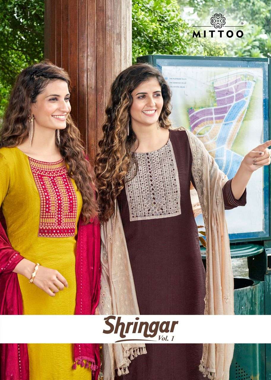 MITTOO SHRINGAR VOL1 NYLONE VISCOSE EMBROIDERY KURTI WITH COTTON SLUB LYCRA PANT & CHANDERI DUPATTA ...