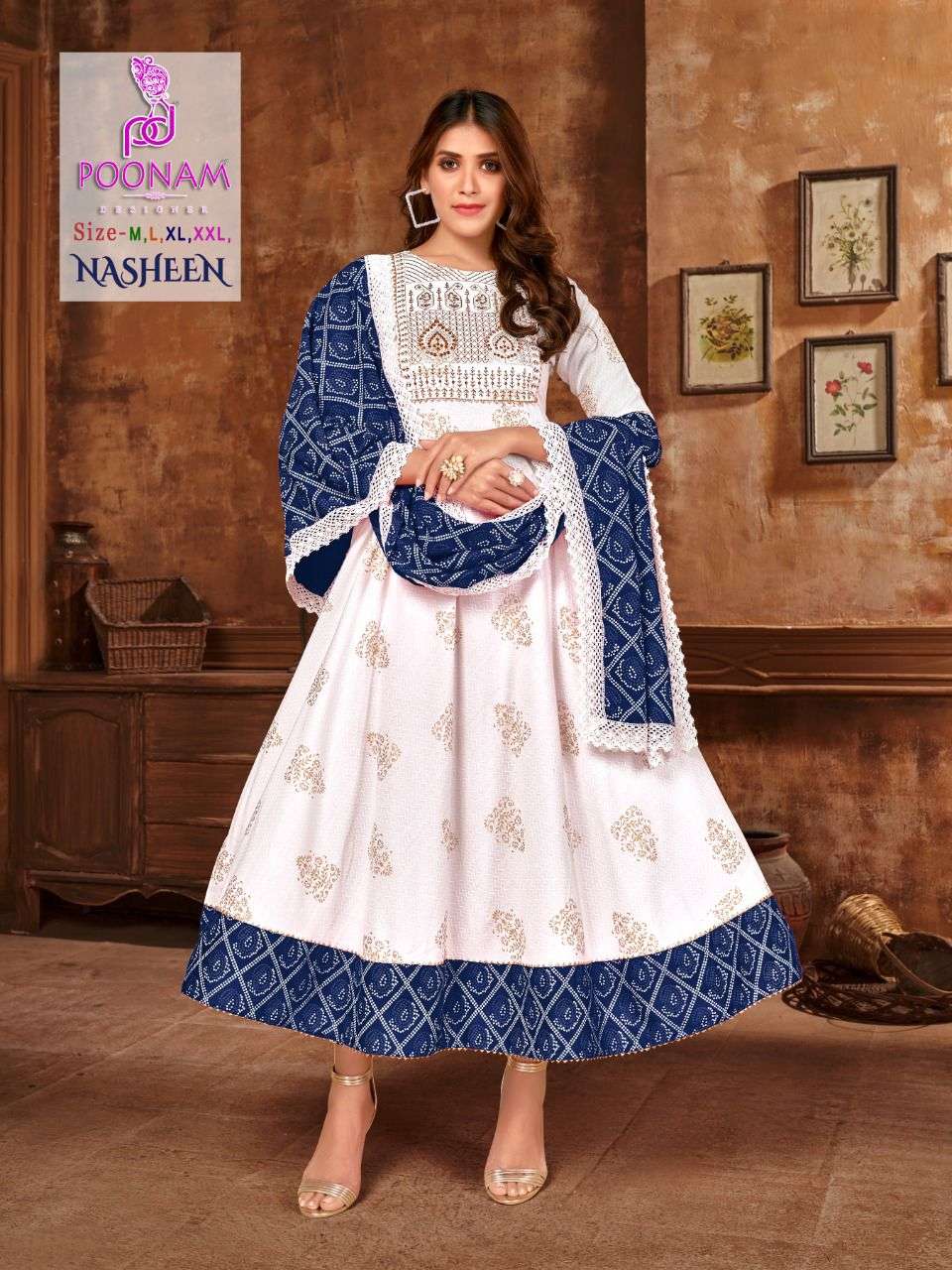 POONAM DESIGNER  NASHEEN RAYON NECK EMBROIDERY & SEQUENCE WORK WITH FULL PRINTED GOWN AND DUPATTA WH...