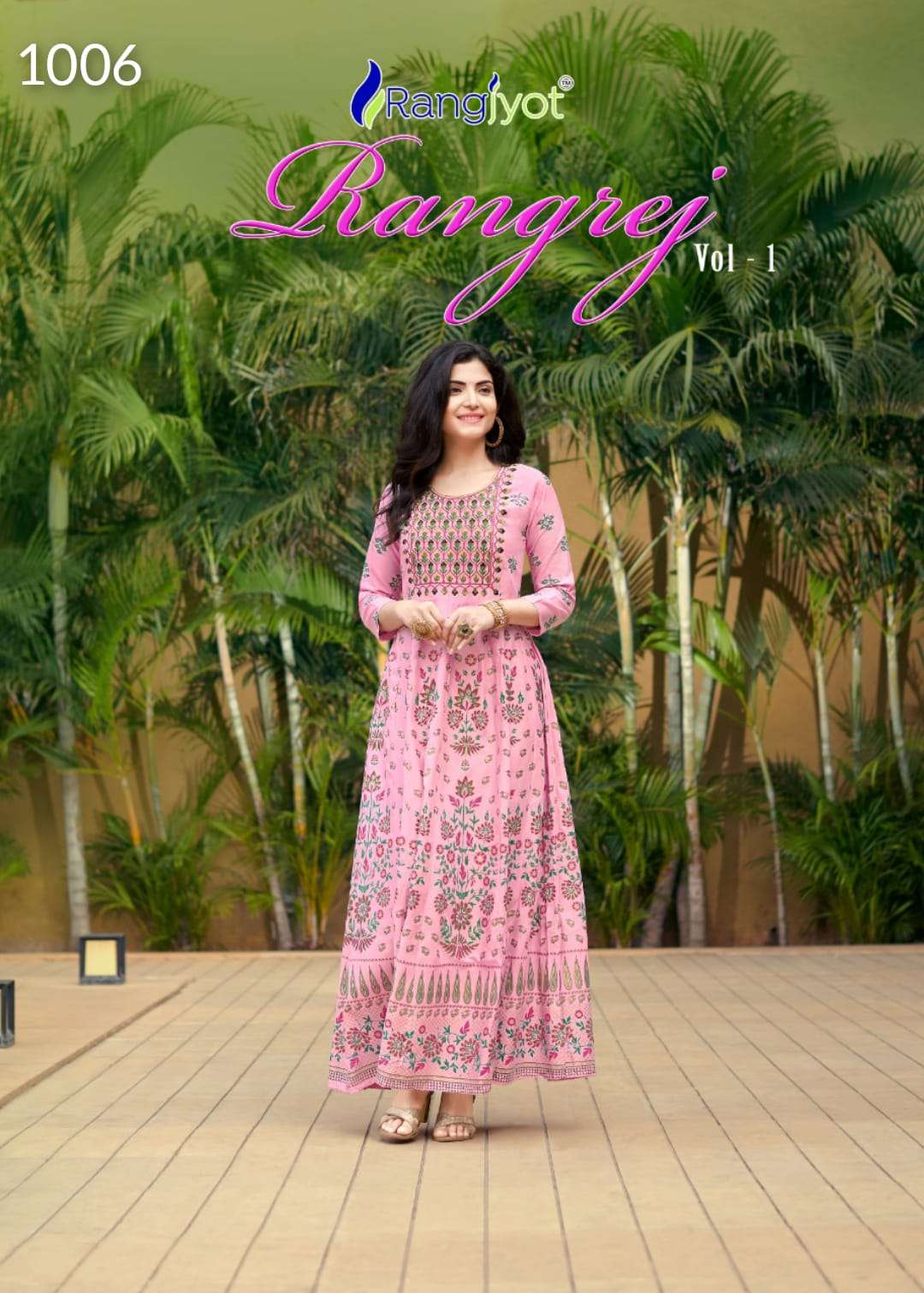   RANGREZ - 14 KG HEAVY RAYON WITH GOLD PRINT LONG GOWN PATTEN KURTI - RANGJYOT  RANGREZ 