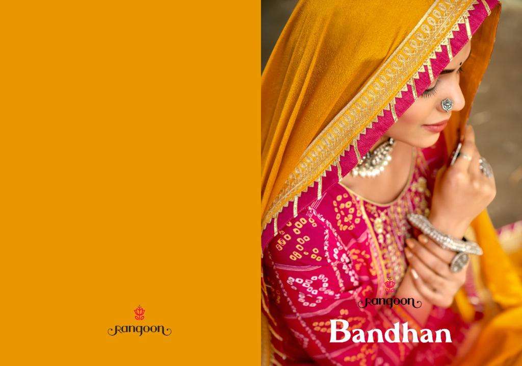 RANGOON BANDHAN HEAVY RAYON BANDHEJ PRINT WITH EMBROIDERY MIRROR WORK WITH JACQUARD SILK SKIRT & CHI...