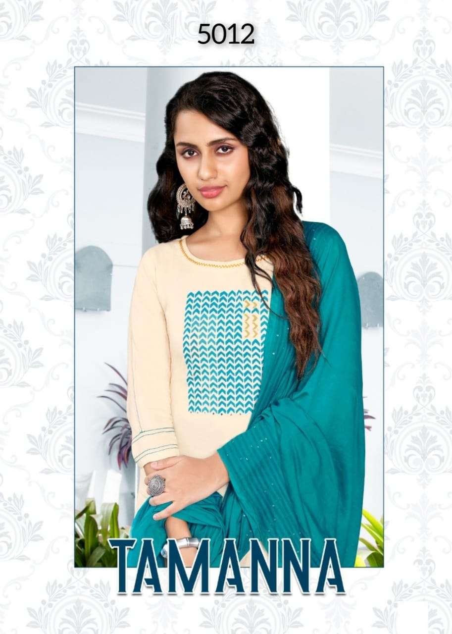 RAYON HANDWORK & EMBROIDERY KURTI WITH COTTON PANT & CHANDERI DUPATTA BY - KADLEE - TAMANNA