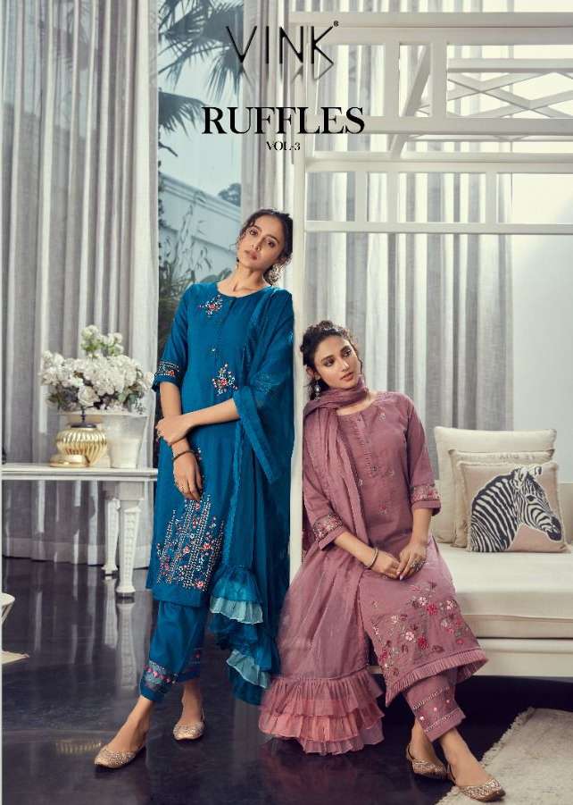 RUFFLES SILK BASE KURTI WITH PANT AND DUPATTA WITH RUFFLES WORK BY VINK BRAND WHOLESALER AND DEALER