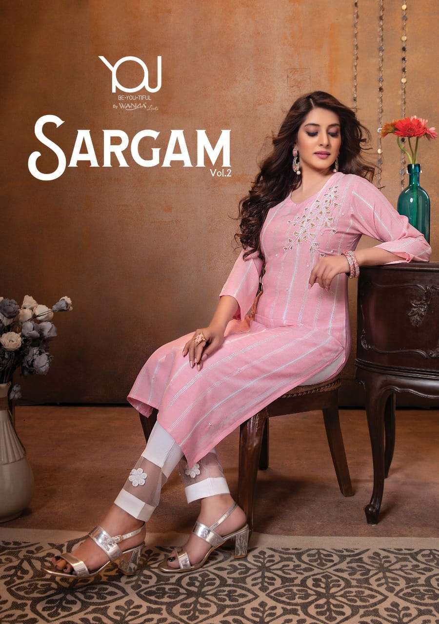  SARGAM 2 - FANCY RAYON STRIPES HAND WORK KURTI WITH BOTTOM PANT BY WANNA WHOLESALER AND DEALER