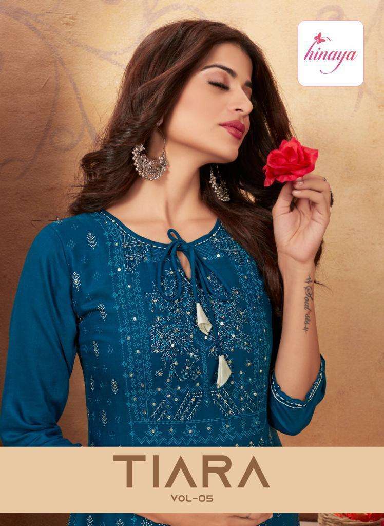 TIARA VOL-5  DESIGNER RAYON KURTI WITH HANDWORK BY HINAYA BRAND WHOLESALER AND DEALER