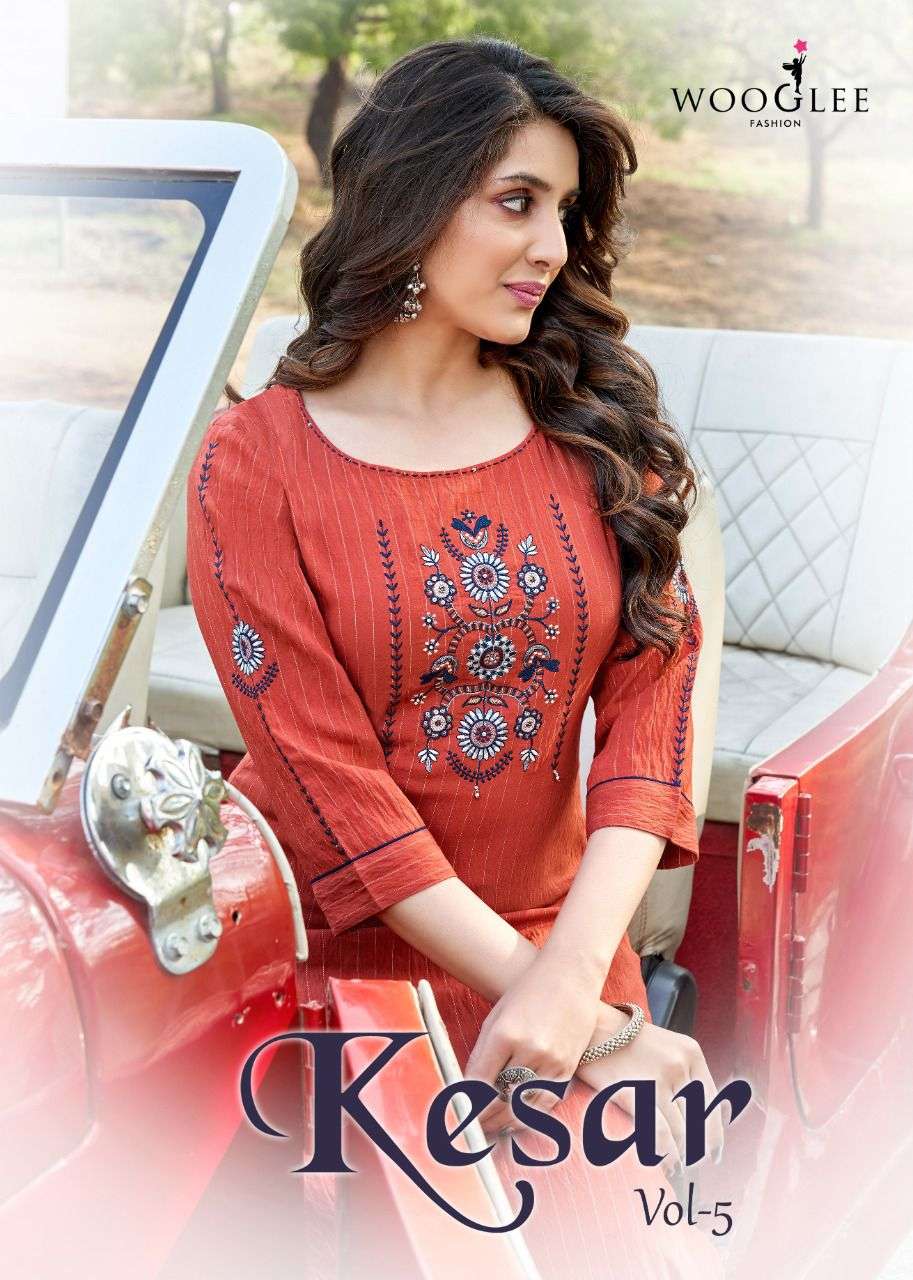 KESAR VOL 5 BY WOOGLEE  BRAND NYLONE VISCOSE EMBROIDERY AND HANDWORK KURTI WITH COTTON LYCRA SLUB PA...