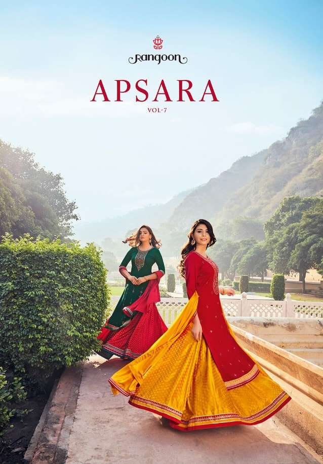 APSARA VOL -07 BY RANGOON BRAND  HEAVY RAYON EMBROIDERY WORK KURTI WITH JACQUARD SILK SKIRT AND CHIN...