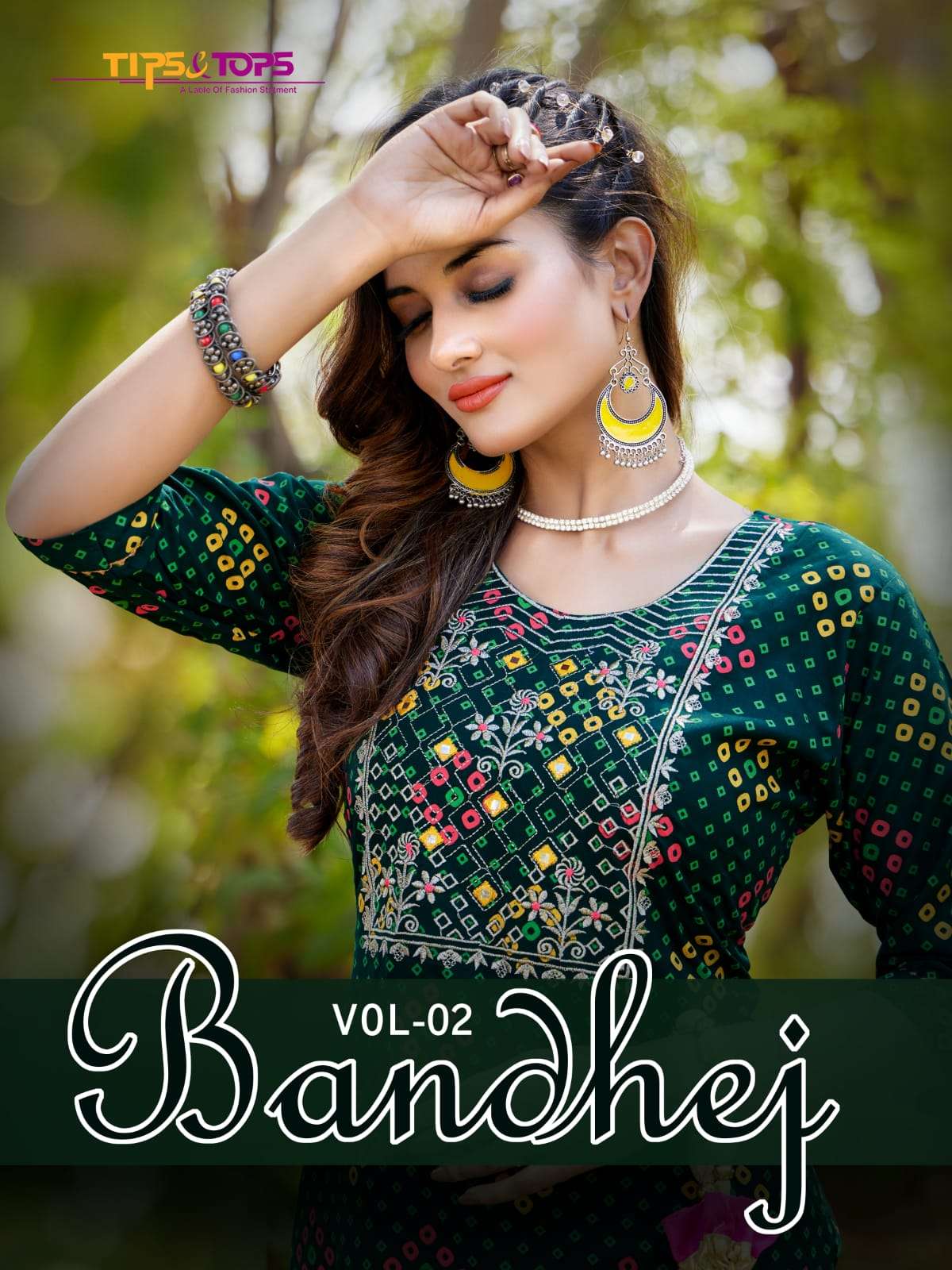 BANDHEJ VOL 02 BY TIPS & TOPS BRAND PARTY WEAR  RAYON BANDHANI PRINT KURTI WITH COTTON PANT WHOLESAL...