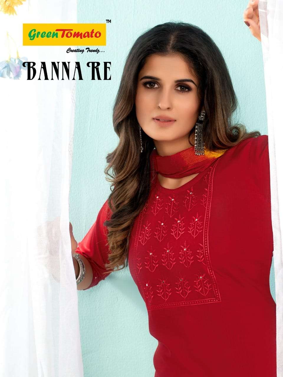  BANNA RE BY GREEN TOMATO BRAND EMBROIDERY WORK RAYON KURTI WITH RAYON PATIYALA AND SHIBORI DUPATTA ...