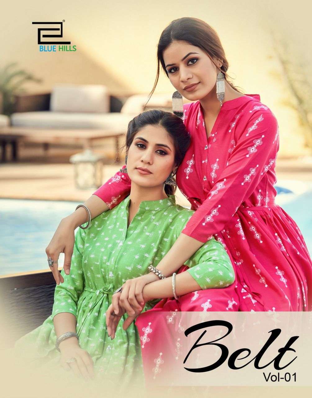 BELT VOL 1 BY BLUE HILLS BRAND RAYON TWO TONE LONG FRILL MIRROR WORK GOWN KURTI WHOLESALER AND DEALE...