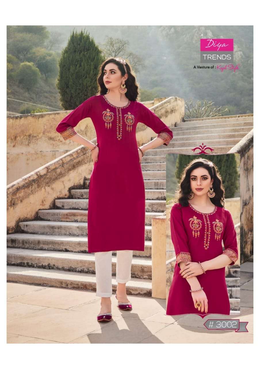 CASUAL DIARY VOL 3 HEAVY REYON WITH EMBROIDERY WORK KURTI BY DIYA TRENDS BRAND WHOLESALER AND DEALER