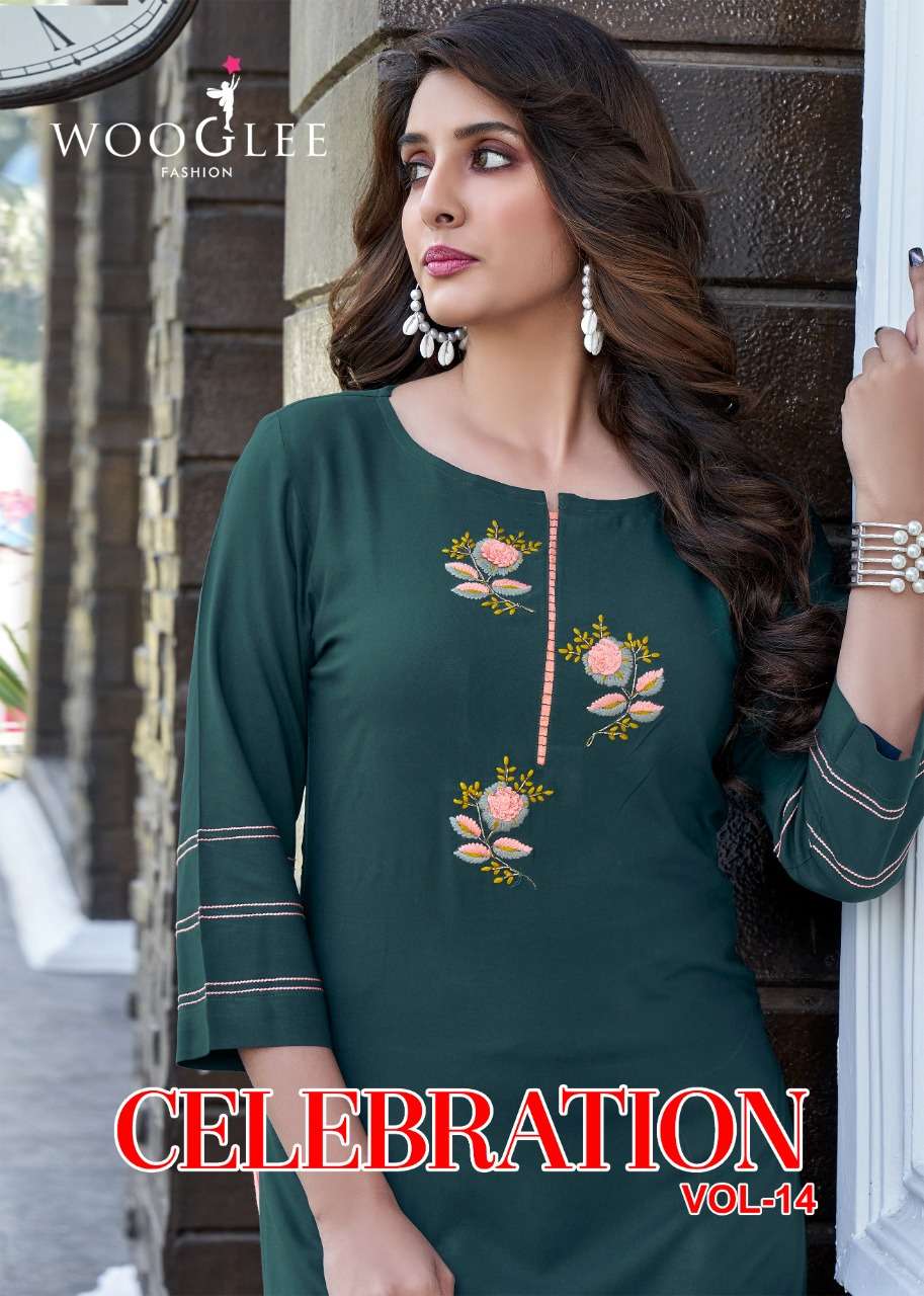 CELEBRATION VOL 14 BY WOOGLEE BRAND HEAVY RAYON HANDWORK & EMBROIDERY KURTI WITH PRINTED PLAZOO WHOL...