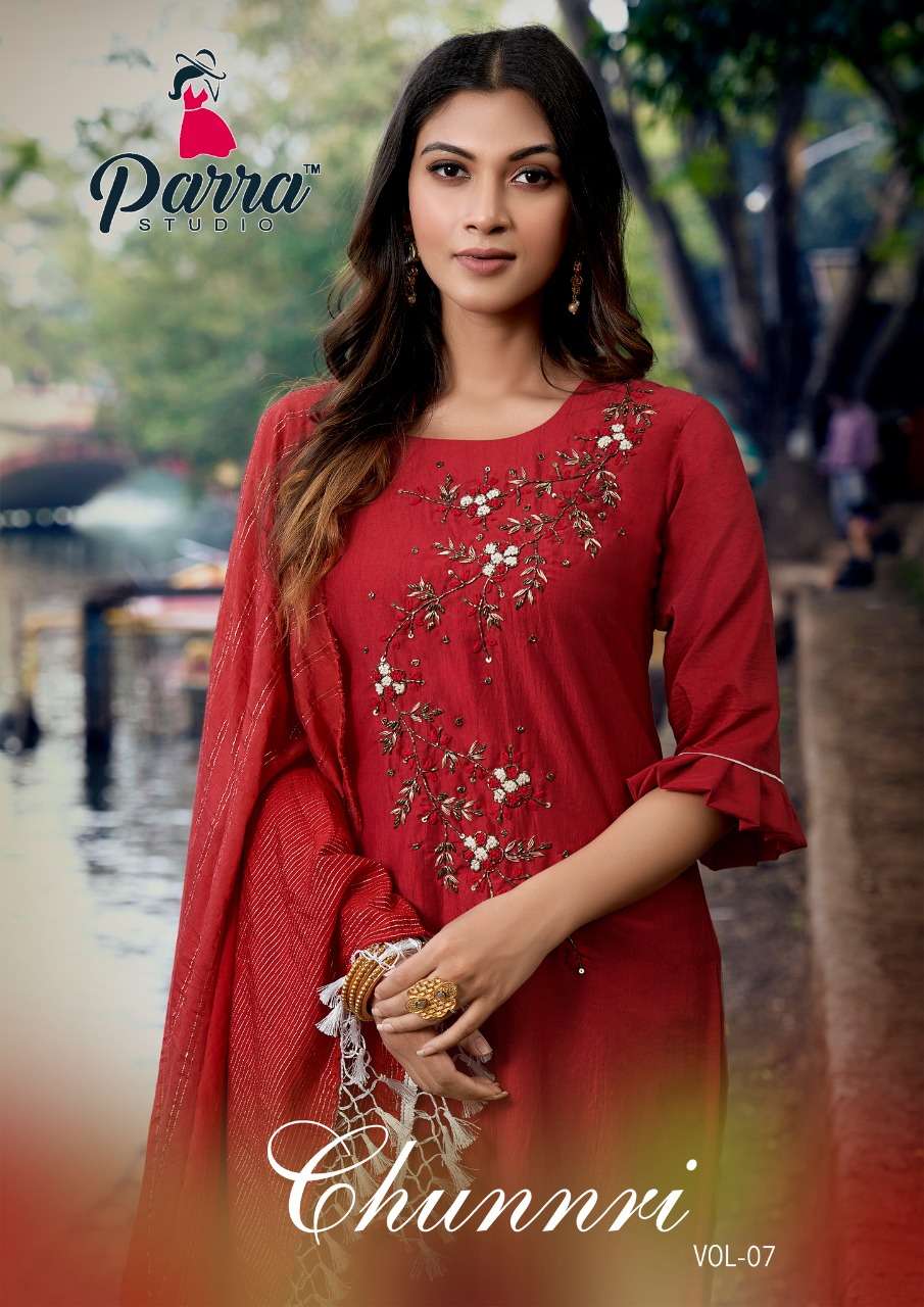  CHUNNRI VOL 7 BY PARRA STUDIO BRAND PREMIUM MASLIN WITH INNER HEAVY KHATLI WORK KURTI WITH FANCY BO...