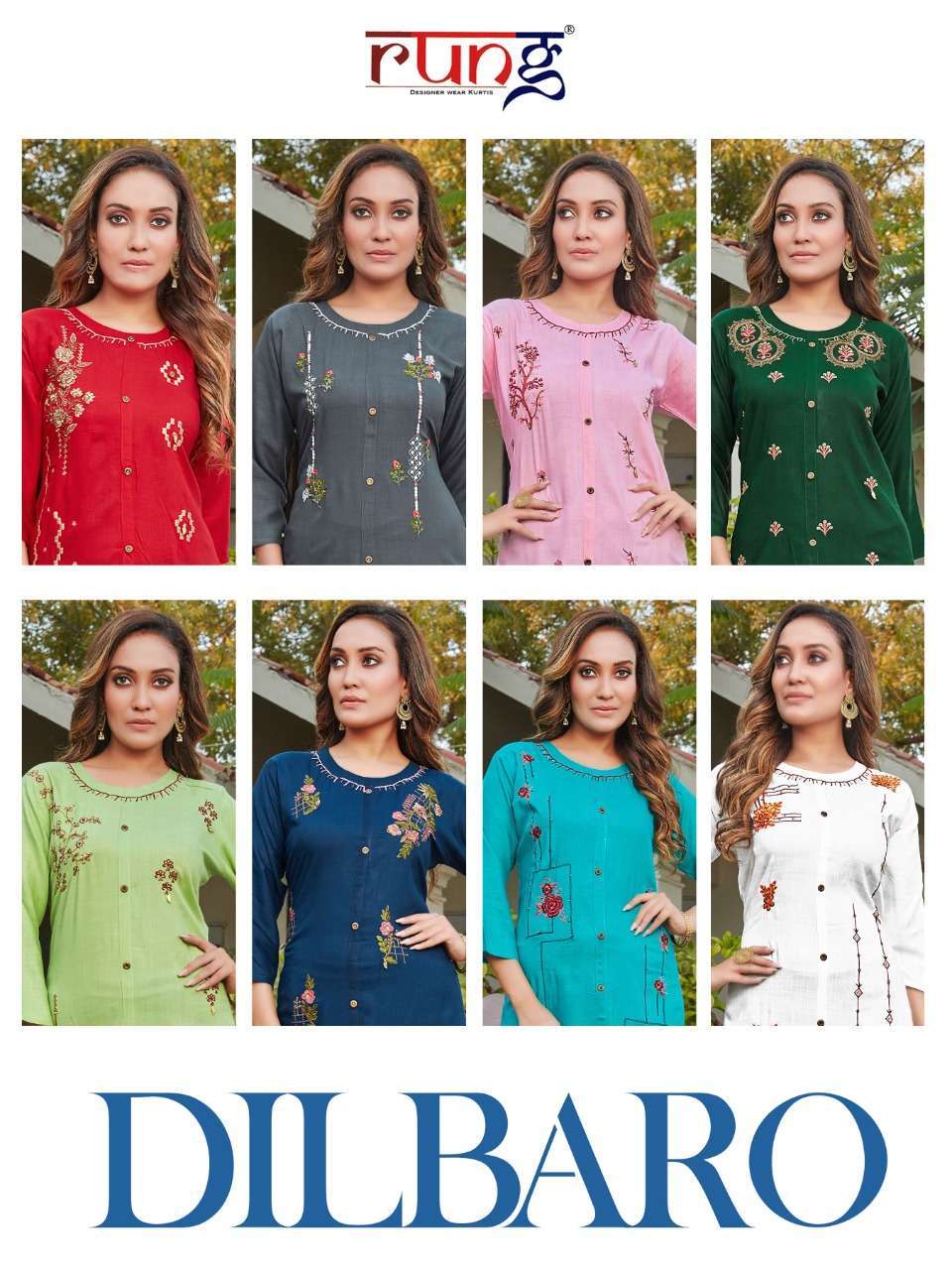 DILBARO BY RUNG BRAND HEAVY SLUB RAYON WITH MANUAL WORK STRAIGHT KURTI WHOLESALER AND DEALER