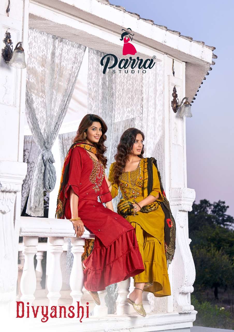 DIVYANSHI VOL1 BY PARRA STUDIO BRAND SILK WITH HANDWORK KURTI WITH SILK SARARA WITH VISCOSE DUPATTA ...