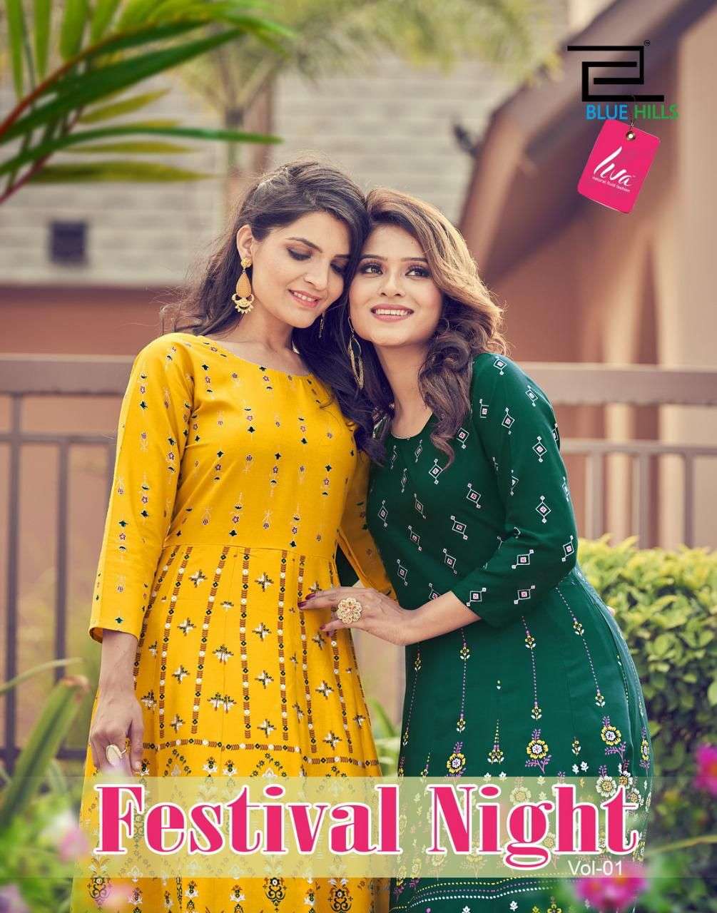 FESTIVAL NIGHT VOL 1 BY BLUE HILLS BRAND 14KG RAYON FOIL PRINT LONG GOWN KURTI WHOLESALER AND DEALER