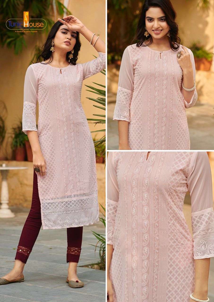 GOLD STAR BY TUNIC HOUSE BRAND GEORGETTE  LUCKNOWI FRONT BACK SLEEVES WORK KURTI WHOLESALER AND DEAL...