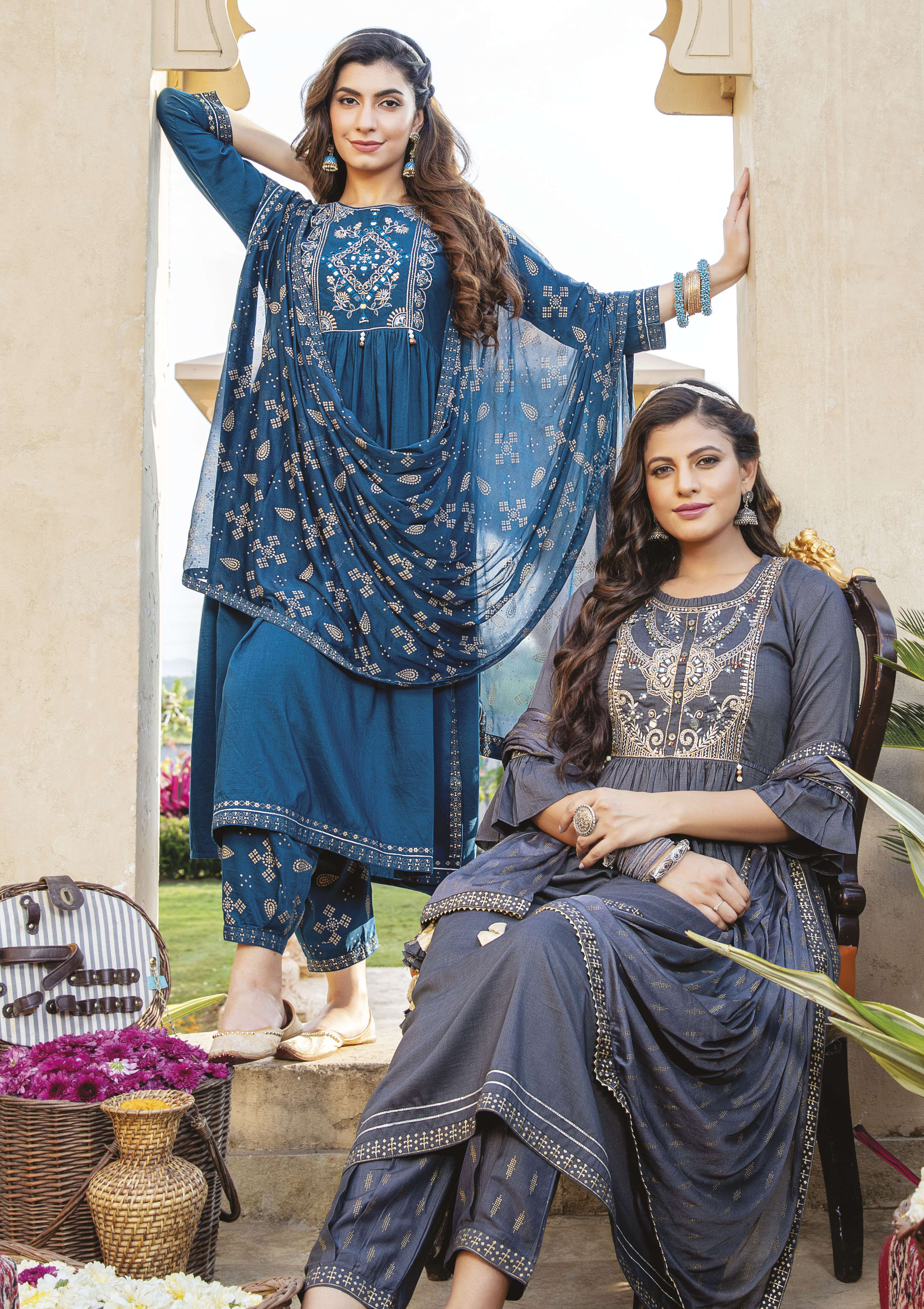 ISHQ BY KIANA BRAND MASLIN EMBROIDERY WORK KURTI WITH SILVER OR GOLD PRINT PATIYALA/PENT AND CHINON ...