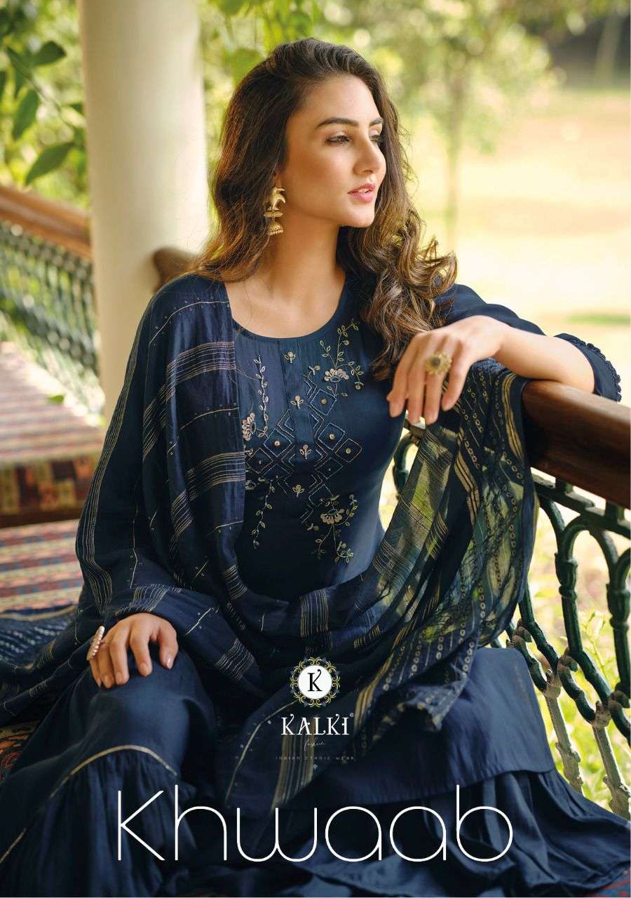 KALKI FASHION KHWAAB SILK HAND WORK KURTI WITH FANCY SHRARA AND JACQUARD DUPTTA BY KALKI FASHION BRA...