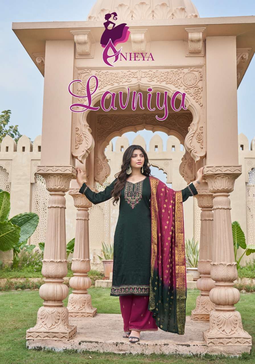  LAVNIYA VOL 1 BY ANIEYA BRAND CINON BASE EMBROIDERY WORK KURTI WITH HAND DIAMOND PLAZZO & BALATON J...