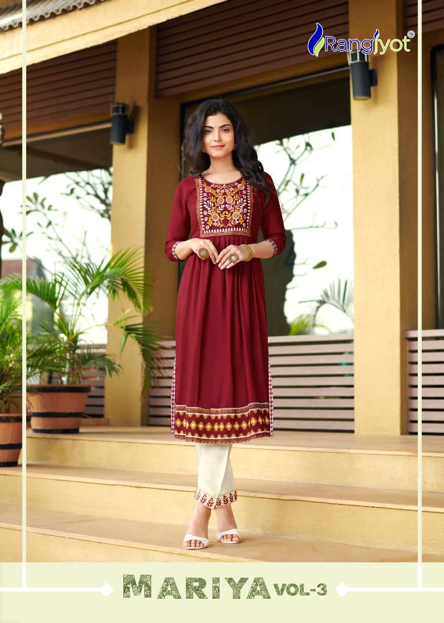 MARIA VOL-3 BY RANGJYOT BRAND EMBROIDERY AND HANDWORK KURTI WITH RAYON PANT WHOLESALER AND DEALER