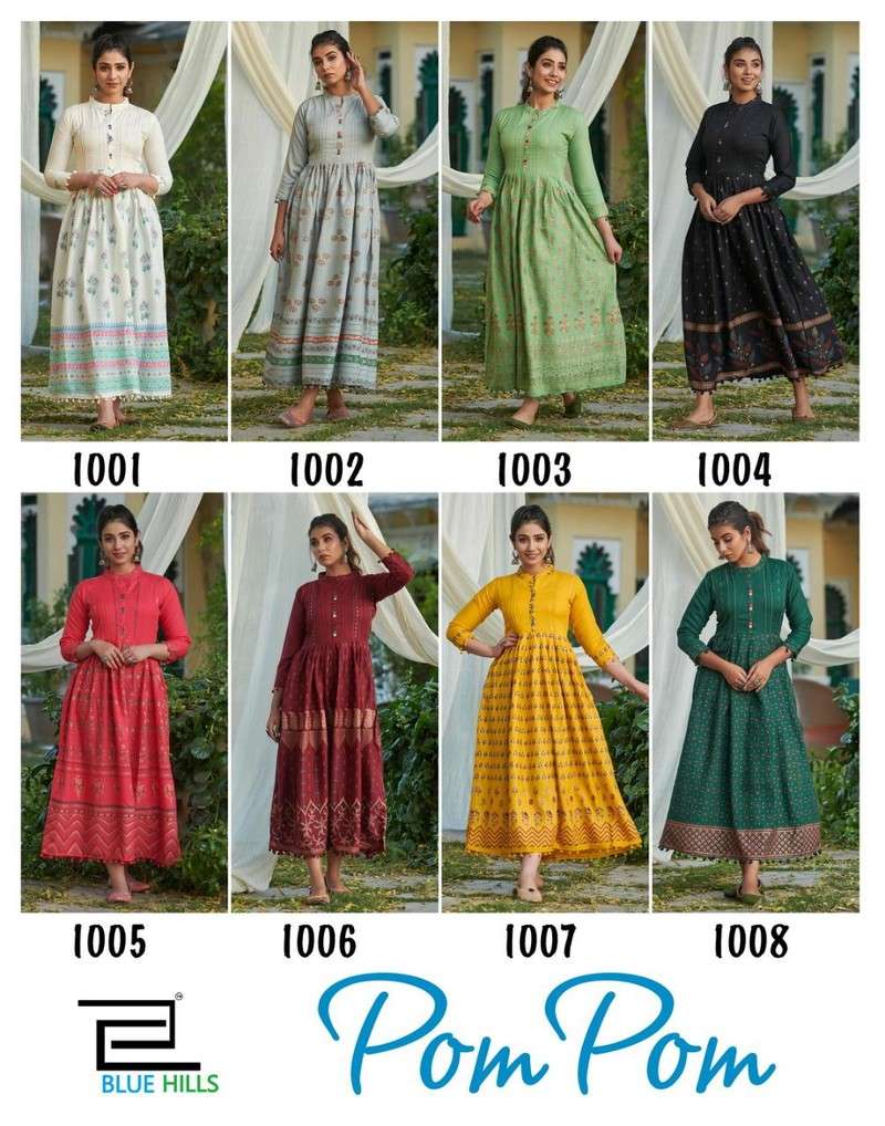 POM POM VOL 1 BY BLUE HILLS BRAND 14KG RAYON TWO TONE LONG FRILL GOWN WITH POM-POM KURTI WHOLESALER ...