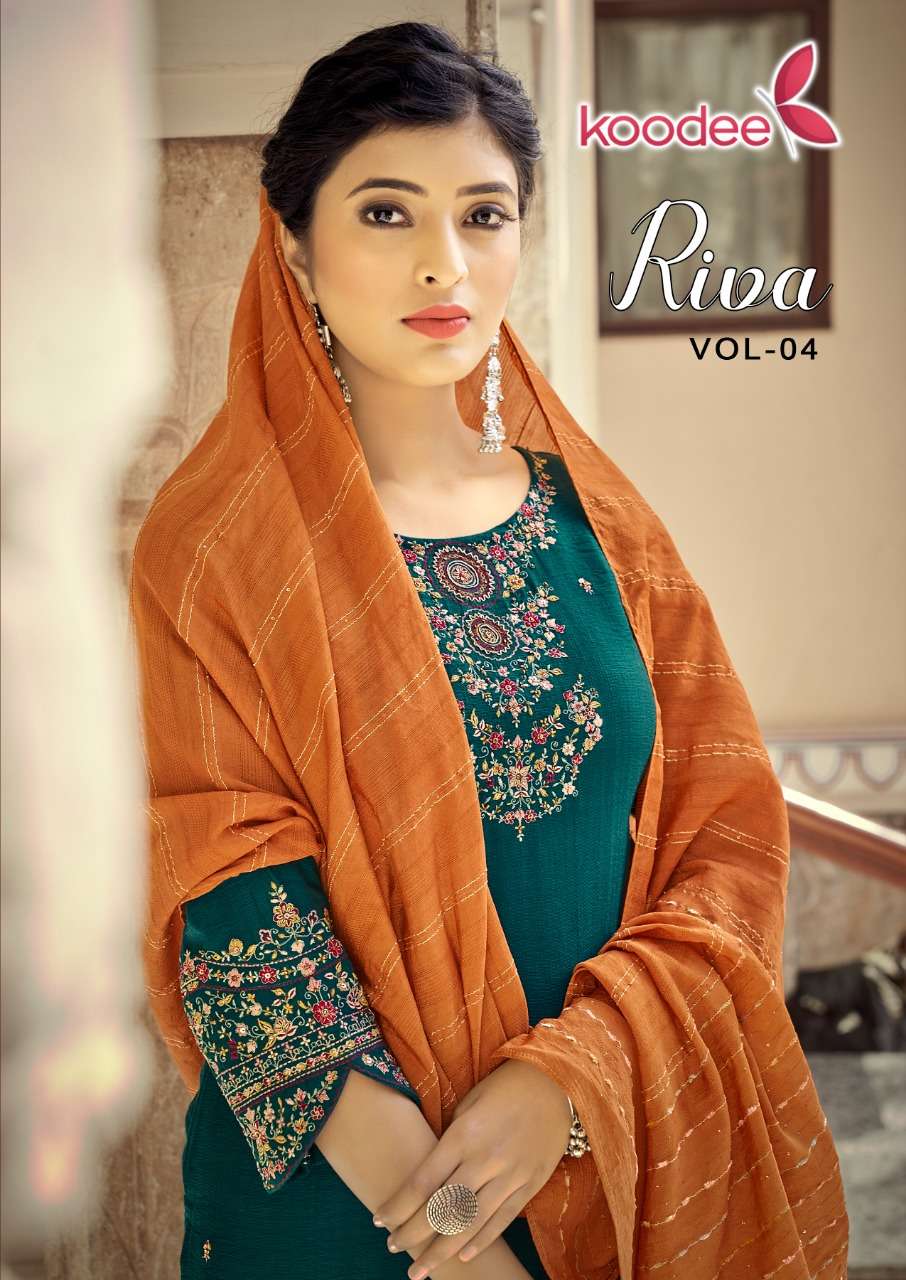 RIVA VOL 4 BY KOODEE BRAND EMBROIDERY & KHATLI WORK KURTI WITH COTTON SLUB LYCRA PANT & PURE NYLON V...