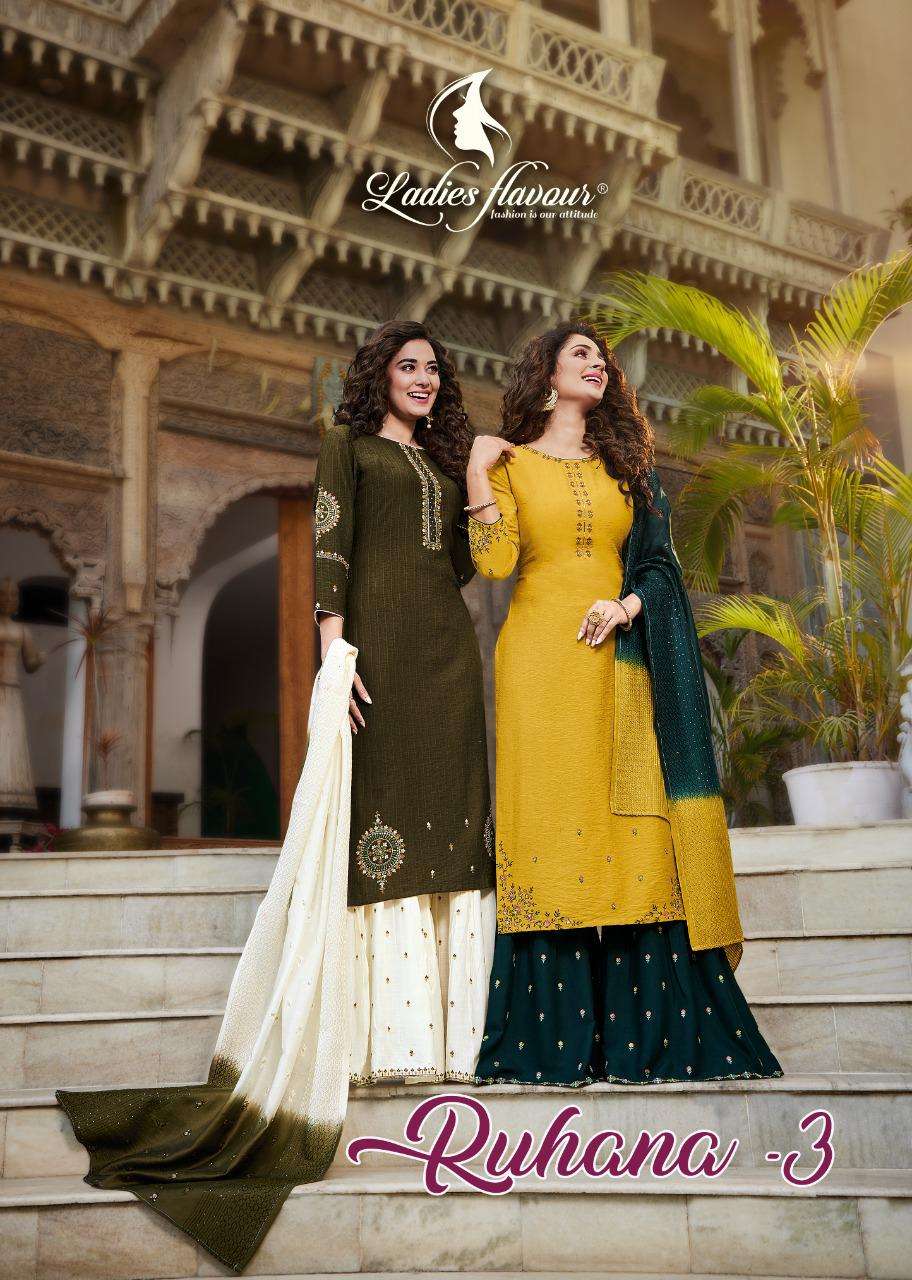 RUHANA VOL3 BY LADIES FLAVOUR BRAND EMBROIDEY & HEAVY KHATLI WORK KURTI WITH VISOSE SLUB SHARARA & C...