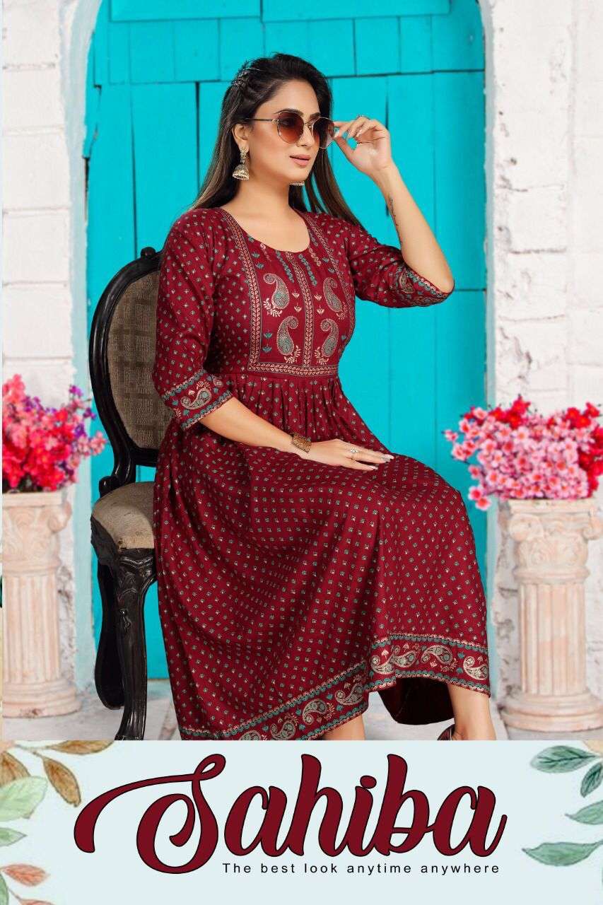 SAHIBA BY S3FOREVER BRAND RAYON WITH GOLD PRINT FLAIR PATTERN KURTI WHOLESALER AND DEALER