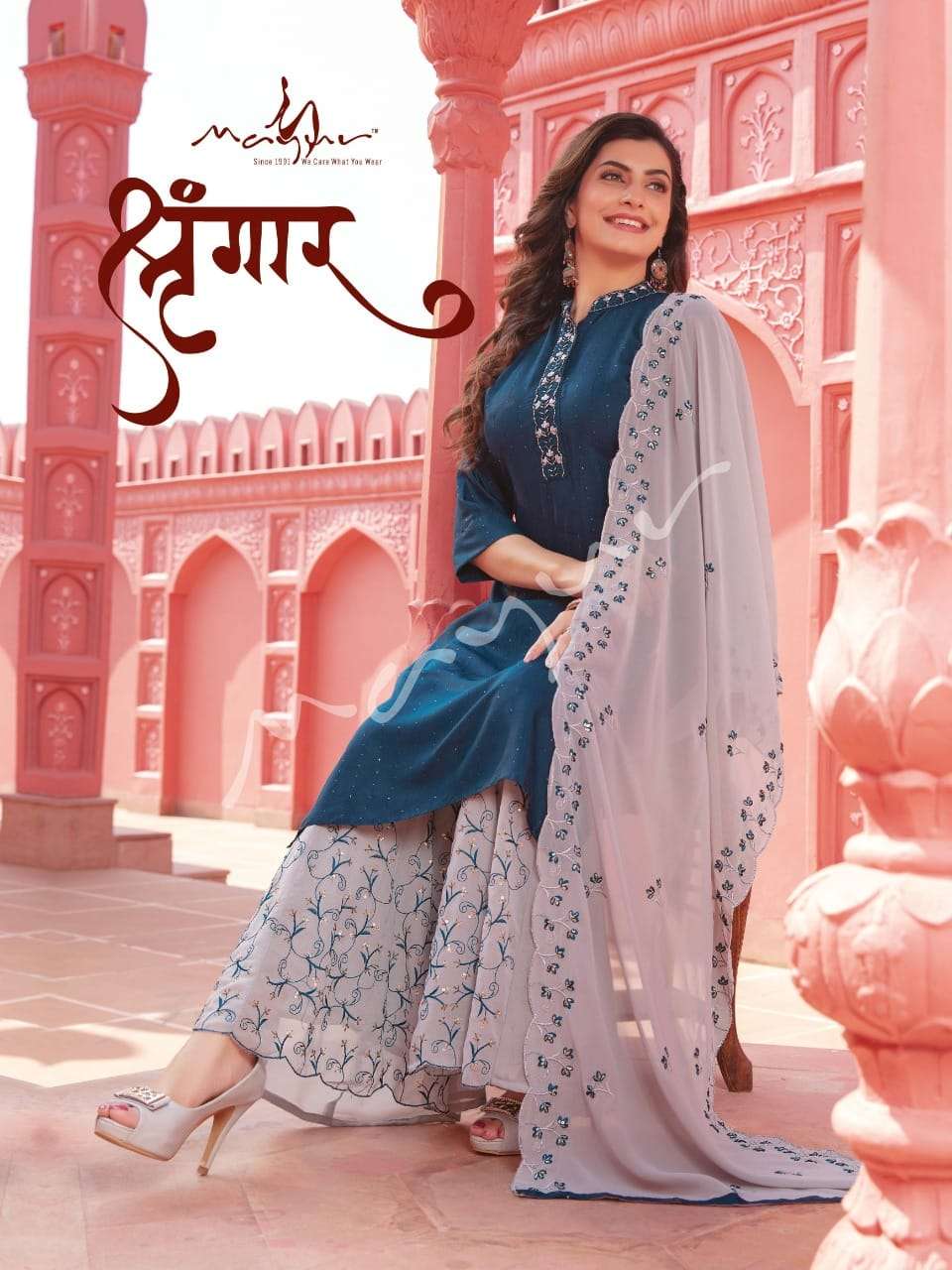 SHRINGAAR BY MAYUR BRAND SILK SEQUENCE KURTI WITH GEORGETTE SHARARA AND DUPATTA WHOLESALER AND DEALE...