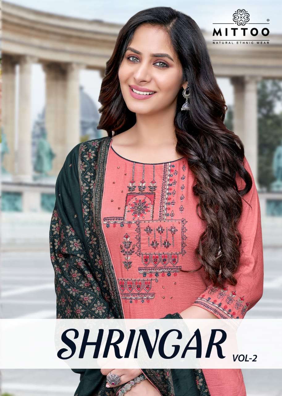 SHRINGAR VOL 2 BY MITTOO BRAND VISCOSE EMBROIDERY AND HAND WORK KURTI WITH COTTON PANT AND CHANDERI ...