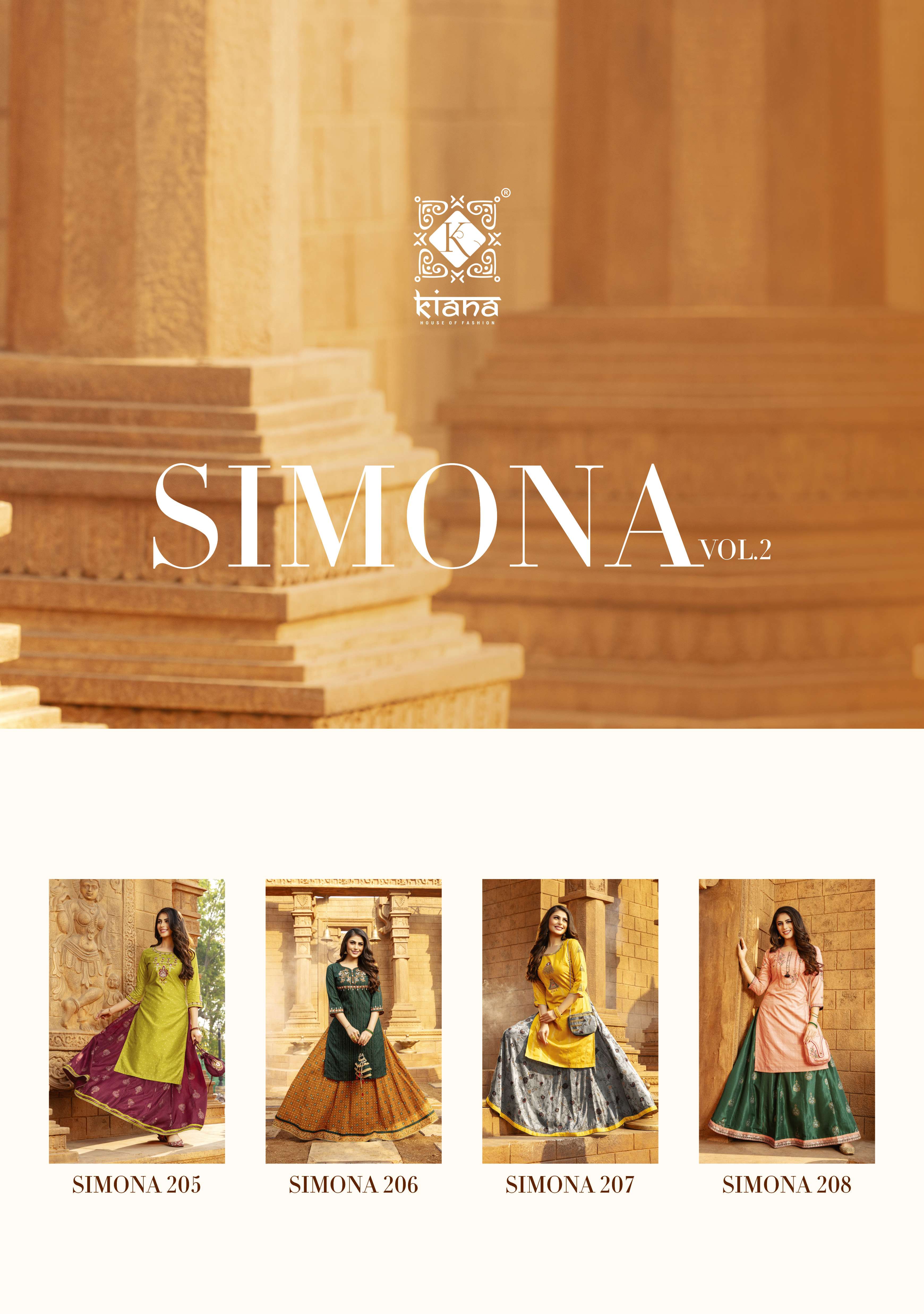 SIMONA VOL 2 BY KIANA BRAND SILK THREAD AND HAND WORK KURTI WITH SILK FANCY GOLD PRINT SKIRT WHOLESA...