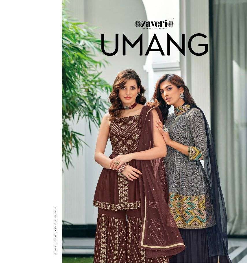 UMANG BY ZAVERI BRAND GEORGETTE EMBROIDERY WORK KUERI WITH CHINON  PLAZO AND NET DUPATTA WHOLESALER ...