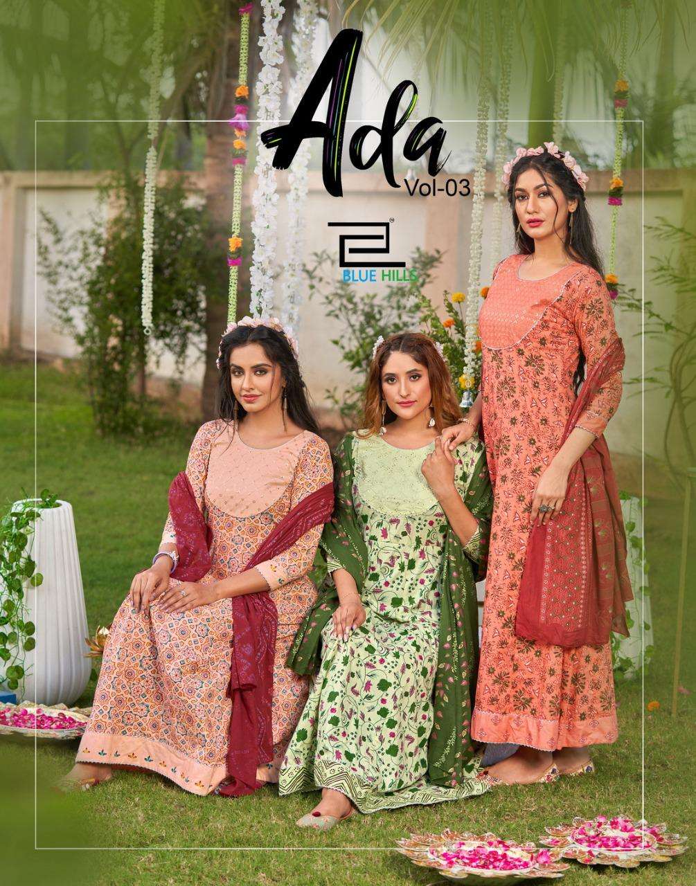 ADA VOL-3 BY BLUE HILLS BRAND COTTON CAMRIC PRINT WITH NECK SEQUENCE EMBROIDERY WORK ANARKALI KURTI ...