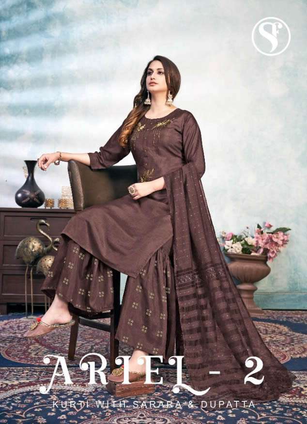 ARIEL VOL 2 BY SWEETY FASHION BRAND FANCY SILK BASE WITH WORK KURTI WITH SILK SHARARA AND DUPATTA WH...