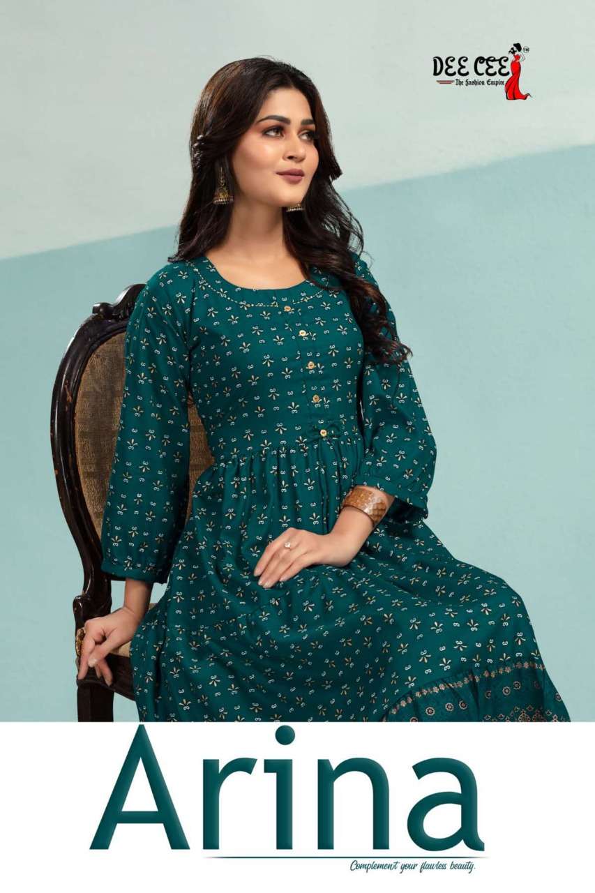 ARINA BY DEECEE BRAND RAYON A LINE PRINTED KURTI WHOLESALER AND DEALER