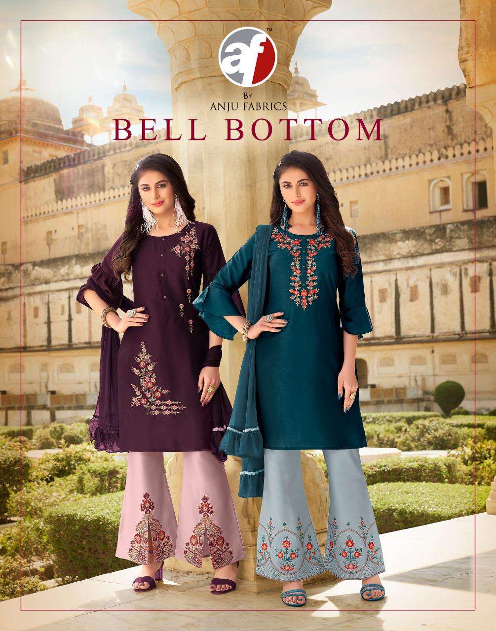 BELL BOTTOM BY AF BRAND DOUBLE SEQUENCE EMBROIDERY KURTI WITH EMBROIDERY WORK BELL BOTTOM PANT AND C...