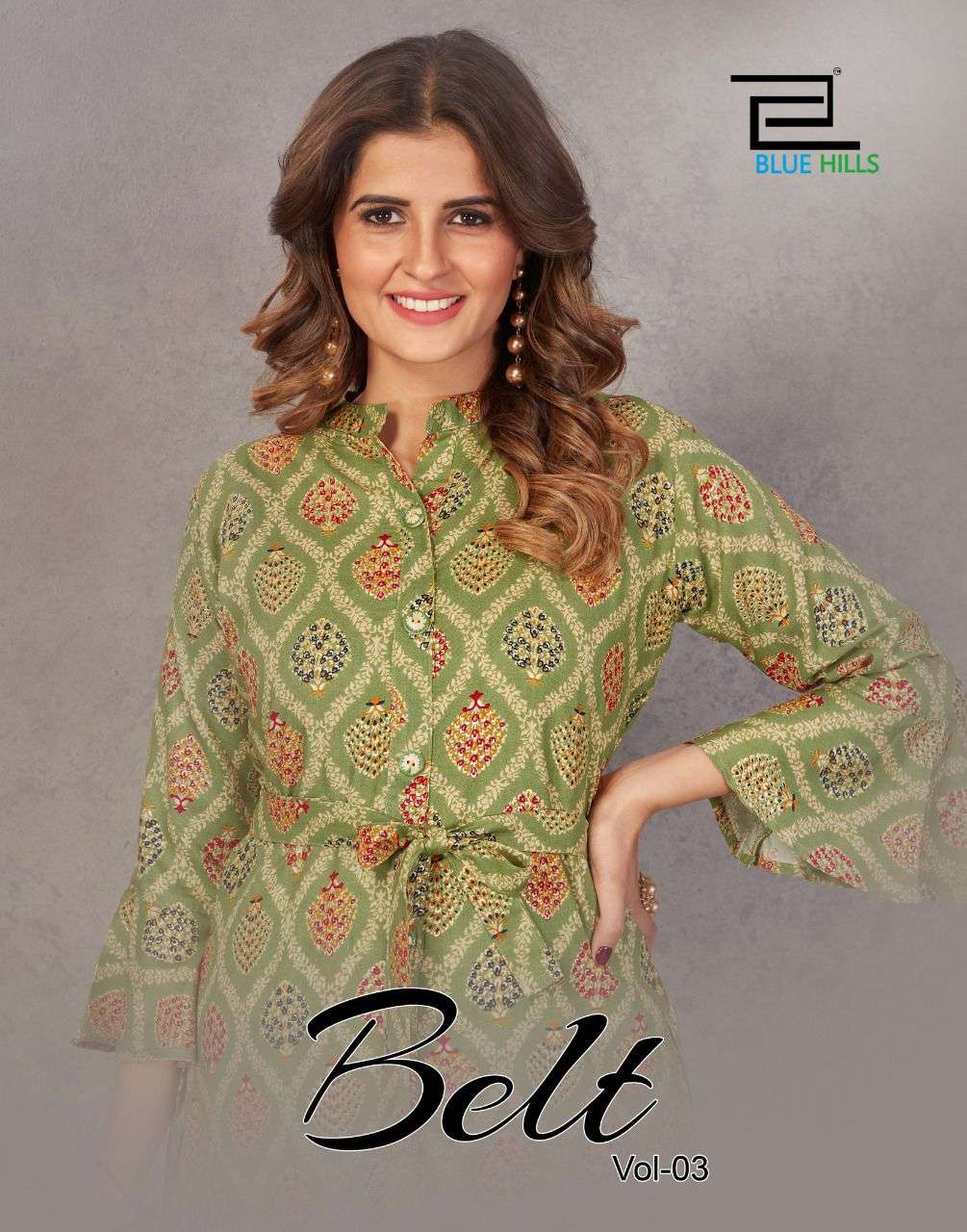 BELT VOL 3 BY BLUE HILLS BRAND PREMIUM RAYON 14 KG PRINTED BELL SLEEVES WITH BELT WHOLESALER AND DEA...