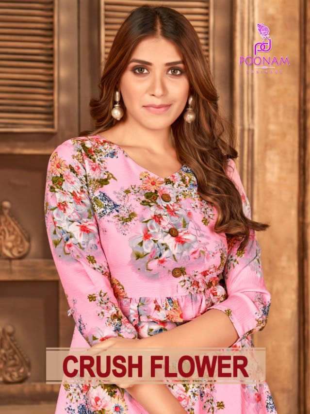 CRUSH FLOWER BY POONAM DESIGNER BRAND PREMIUM CRUSH FLOWER FOIL PRINT LONG GOWN KURTI WHOLESALER AND...