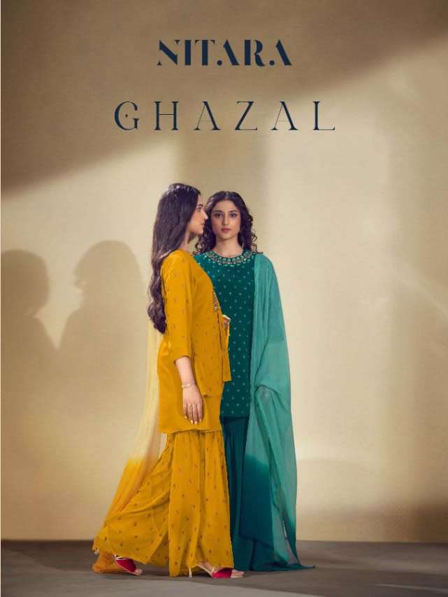 GHAZAL BY NITARA BRAND GEORGETTE  FULLY HAND WORK KURTI WITH SHARARA AND DUPATTA WHOLESALER AND DEAL...