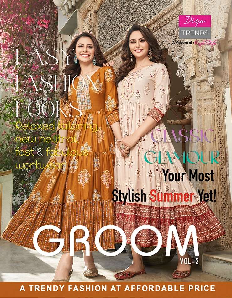 GROOM VOL 2 BY DIYA TRENDS BRAND RAYON GOLD PRINTS WITH SEQUENCE EMBROIDERY WORK LONG GOWN KURTI WHO...